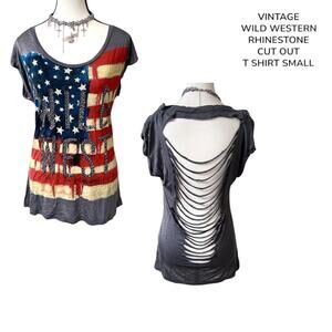 VTG. WESTERN RHINESTONE WILD WEST CUT OUT T SHIRT‎ SMALL